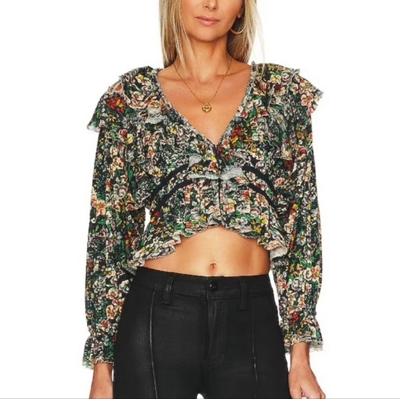 Free People Tops - Free People Rudi Ruffle Night Black Orange Floral Garden Printed Top